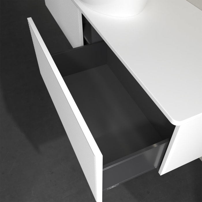 Villeroy & Boch Antao Waschbeckenunterschrank, 160 x 36 cm, 2 Auszüge mit LED-Licht, Front mit Struktur, ohne Hahnloch, für Waschtisch mittig