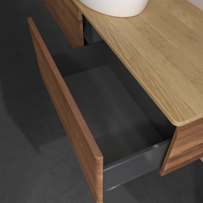 Villeroy & Boch Antao Waschbeckenunterschrank, 160 x 36 cm, 2 Auszüge mit LED-Licht, Front mit Struktur, ohne Hahnloch, für Waschtisch mittig