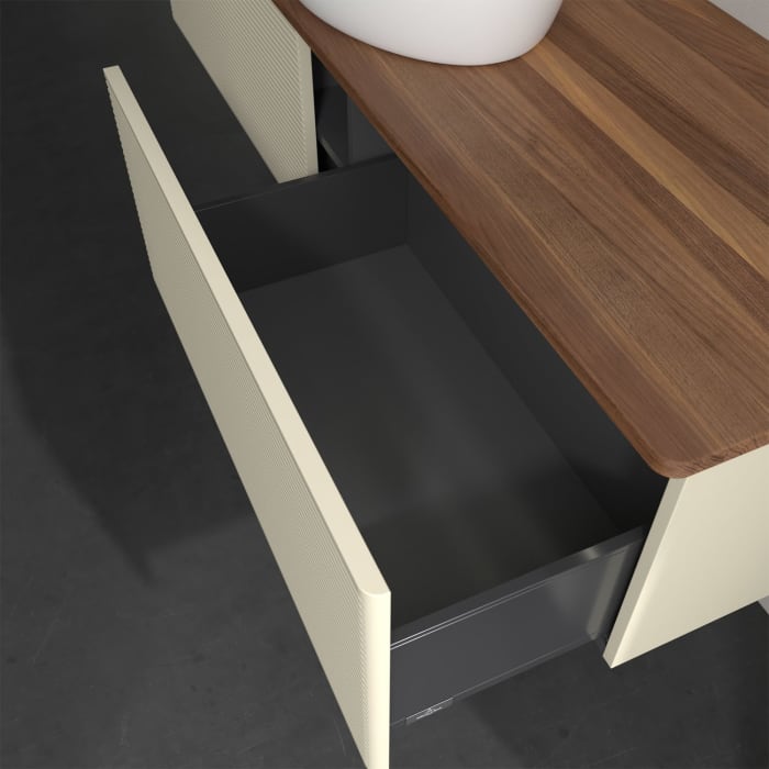 Villeroy & Boch Antao Waschbeckenunterschrank, 160 x 36 cm, 2 Auszüge mit LED-Licht, Front mit Struktur, ohne Hahnloch, für Waschtisch mittig