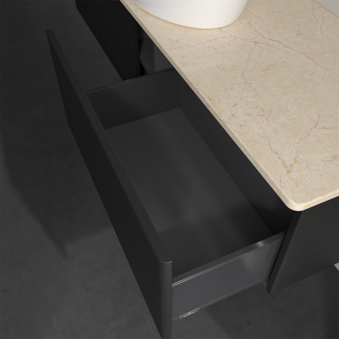 Villeroy & Boch Antao Waschbeckenunterschrank, 160 x 36 cm, 2 Auszüge mit LED-Licht, Front mit Struktur, ohne Hahnloch, für Waschtisch mittig