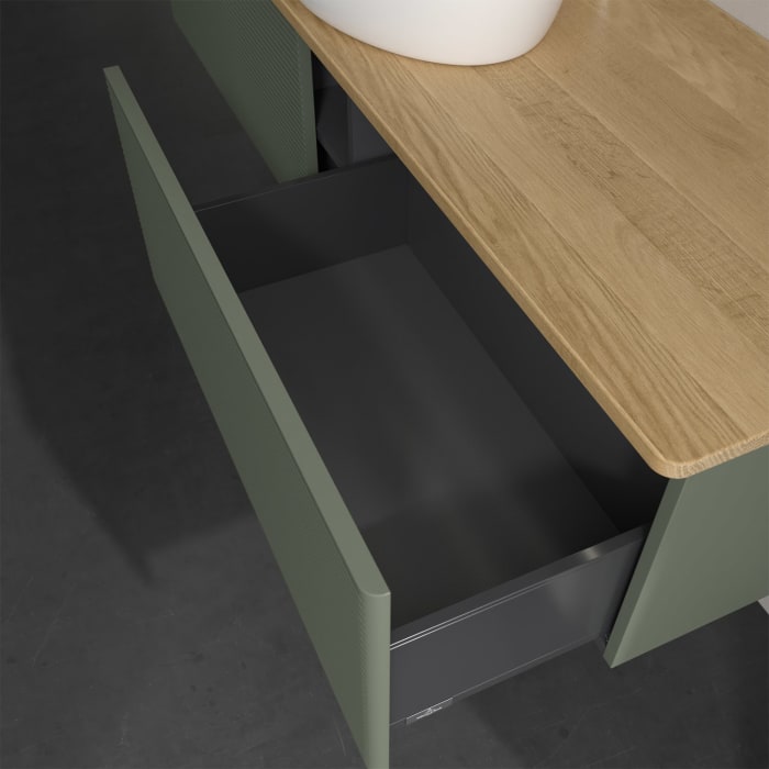 Villeroy & Boch Antao Waschbeckenunterschrank, 160 x 36 cm, 2 Auszüge mit LED-Licht, Front mit Struktur, mit Hahnloch, für Waschtisch mittig