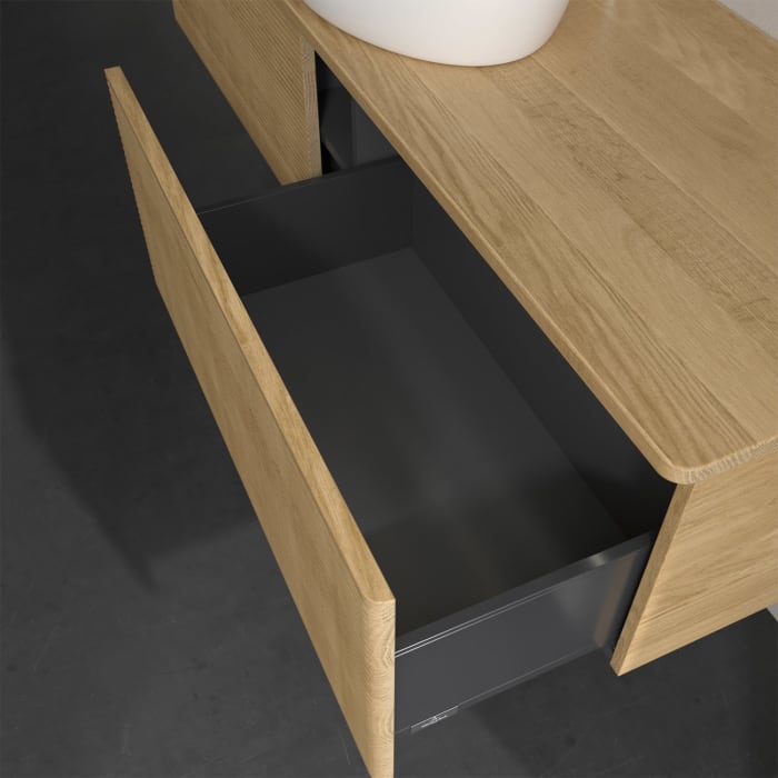 Villeroy & Boch Antao Waschbeckenunterschrank, 160 x 36 cm, 2 Auszüge mit LED-Licht, Front mit Struktur, mit Hahnloch, für Waschtisch mittig