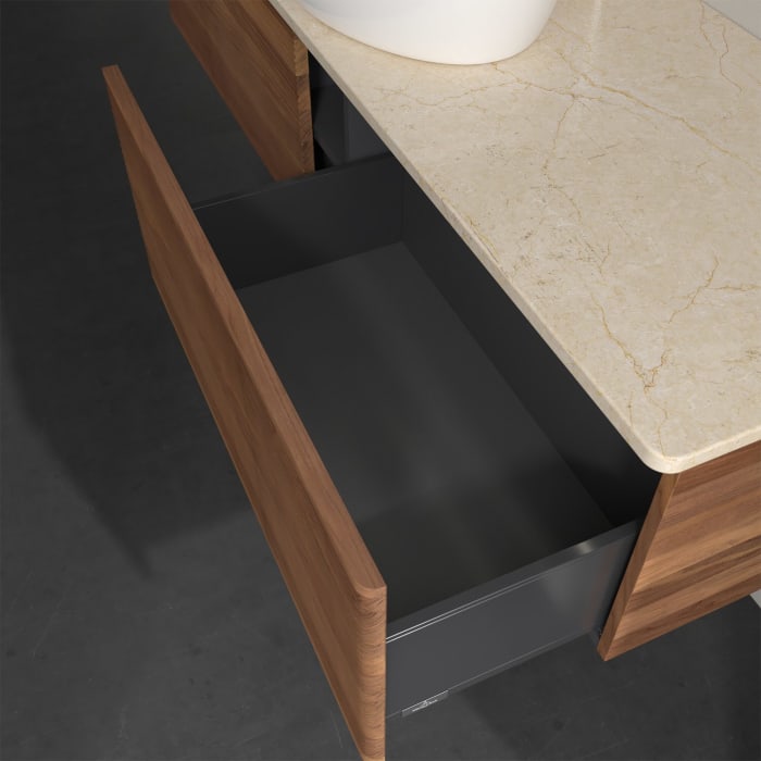 Villeroy & Boch Antao Waschbeckenunterschrank, 160 x 36 cm, 2 Auszüge mit LED-Licht, Front mit Struktur, mit Hahnloch, für Waschtisch mittig