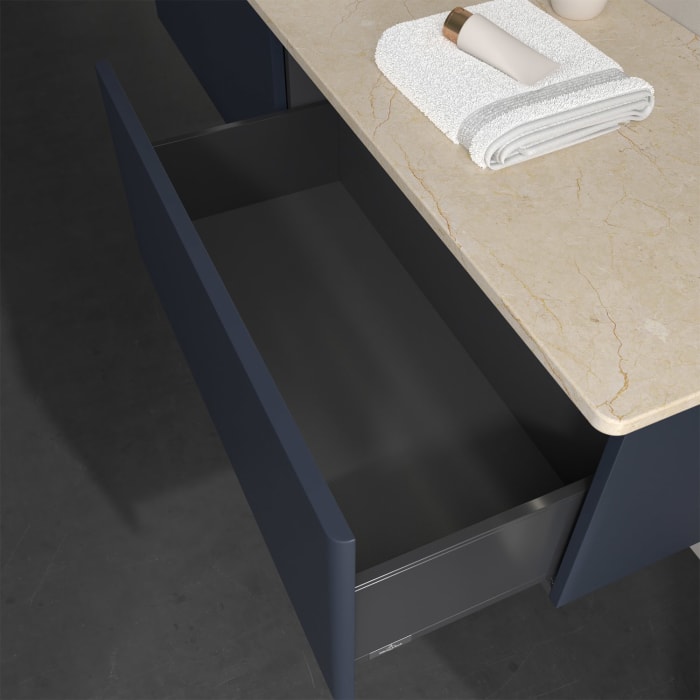 Villeroy & Boch Antao Waschbeckenunterschrank, 160 x 36 cm, 2 Auszüge mit LED-Licht, Front ohne Struktur, ohne Hahnloch, für Waschtisch links