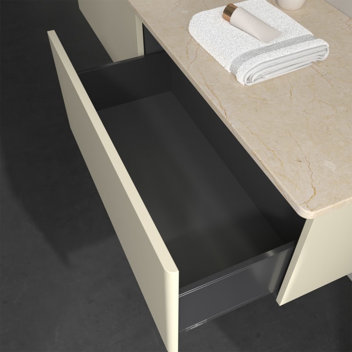 Villeroy & Boch Antao Waschbeckenunterschrank, 160 x 36 cm, 2 Auszüge mit LED-Licht, Front ohne Struktur, ohne Hahnloch, für Waschtisch links