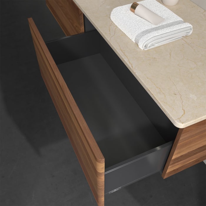 Villeroy & Boch Antao Waschbeckenunterschrank, 160 x 36 cm, 2 Auszüge mit LED-Licht, Front ohne Struktur, ohne Hahnloch, für Waschtisch links