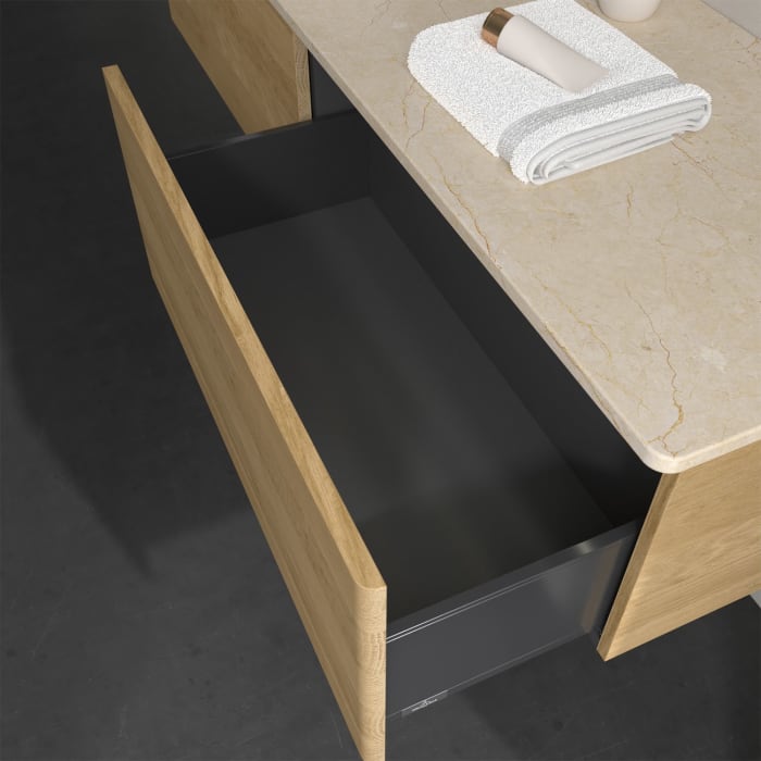 Villeroy & Boch Antao Waschbeckenunterschrank, 160 x 36 cm, 2 Auszüge mit LED-Licht, Front ohne Struktur, ohne Hahnloch, für Waschtisch links