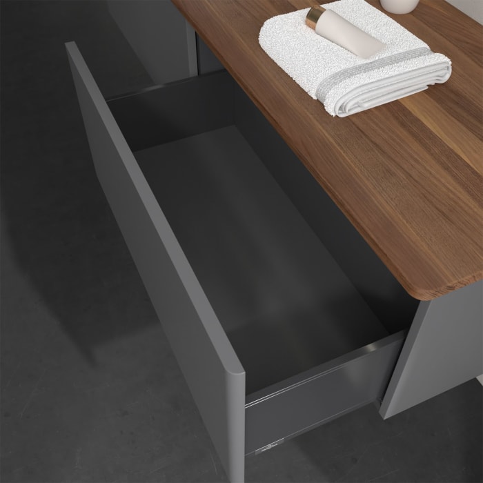 Villeroy & Boch Antao Waschbeckenunterschrank, 160 x 36 cm, 2 Auszüge mit LED-Licht, Front ohne Struktur, mit Hahnloch, für Waschtisch links