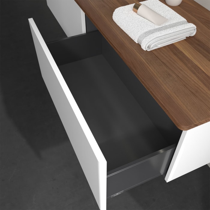 Villeroy & Boch Antao Waschbeckenunterschrank, 160 x 36 cm, 2 Auszüge mit LED-Licht, Front ohne Struktur, mit Hahnloch, für Waschtisch links