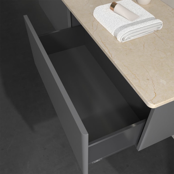 Villeroy & Boch Antao Waschbeckenunterschrank, 160 x 36 cm, 2 Auszüge mit LED-Licht, Front ohne Struktur, mit Hahnloch, für Waschtisch links