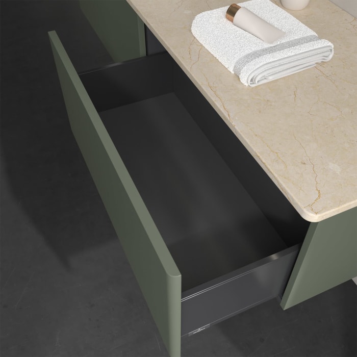 Villeroy & Boch Antao Waschbeckenunterschrank, 160 x 36 cm, 2 Auszüge mit LED-Licht, Front ohne Struktur, mit Hahnloch, für Waschtisch links