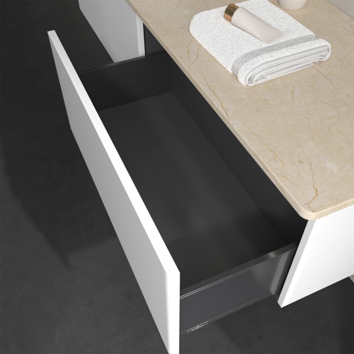 Villeroy & Boch Antao Waschbeckenunterschrank, 160 x 36 cm, 2 Auszüge mit LED-Licht, Front ohne Struktur, mit Hahnloch, für Waschtisch links