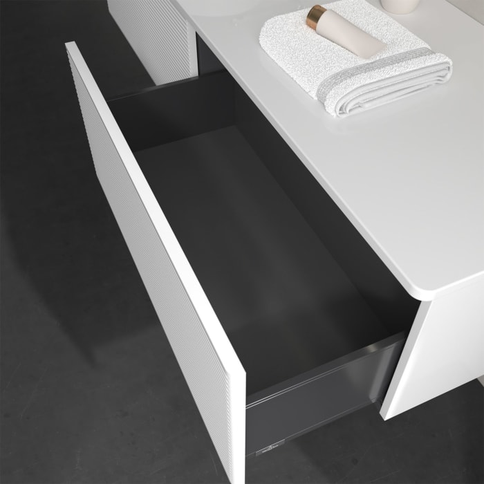 Villeroy & Boch Antao Waschbeckenunterschrank, 160 x 36 cm, 2 Auszüge mit LED-Licht, Front mit Struktur, ohne Hahnloch, für Waschtisch links