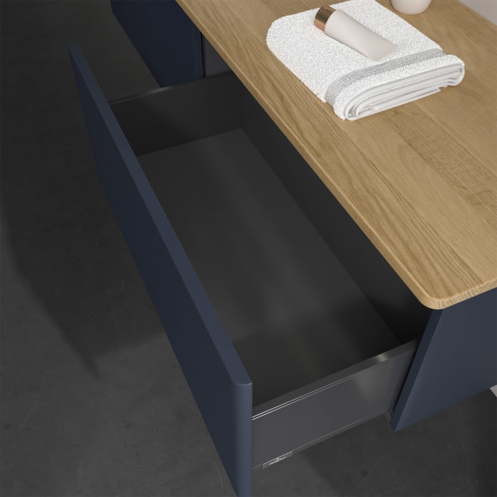 Villeroy & Boch Antao Waschbeckenunterschrank, 160 x 36 cm, 2 Auszüge mit LED-Licht, Front mit Struktur, ohne Hahnloch, für Waschtisch links