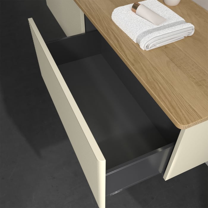 Villeroy & Boch Antao Waschbeckenunterschrank, 160 x 36 cm, 2 Auszüge mit LED-Licht, Front mit Struktur, ohne Hahnloch, für Waschtisch links