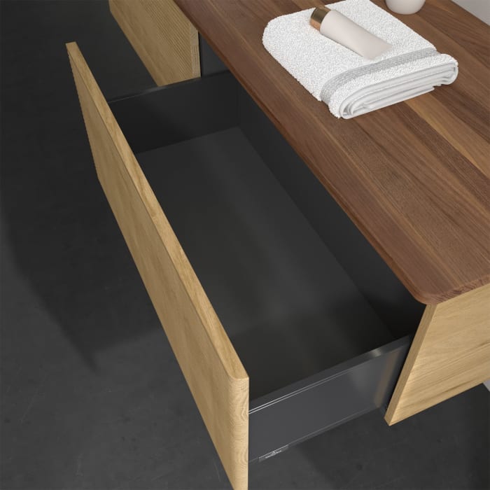 Villeroy & Boch Antao Waschbeckenunterschrank, 160 x 36 cm, 2 Auszüge mit LED-Licht, Front mit Struktur, ohne Hahnloch, für Waschtisch links