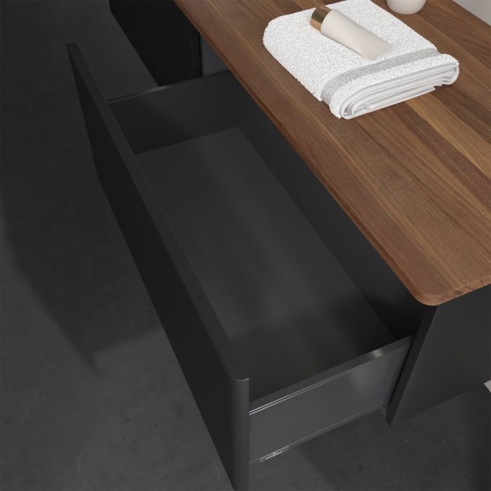 Villeroy & Boch Antao Waschbeckenunterschrank, 160 x 36 cm, 2 Auszüge mit LED-Licht, Front mit Struktur, ohne Hahnloch, für Waschtisch links