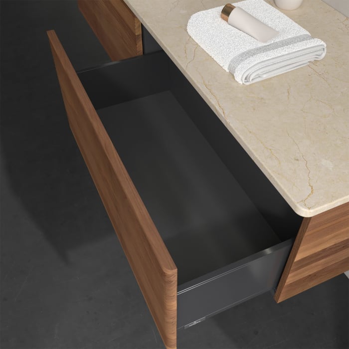 Villeroy & Boch Antao Waschbeckenunterschrank, 160 x 36 cm, 2 Auszüge mit LED-Licht, Front mit Struktur, ohne Hahnloch, für Waschtisch links