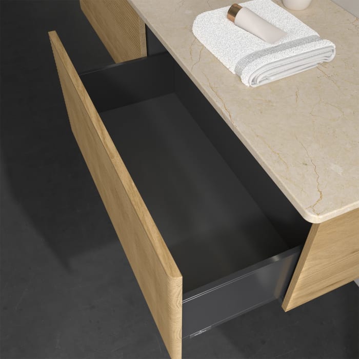 Villeroy & Boch Antao Waschbeckenunterschrank, 160 x 36 cm, 2 Auszüge mit LED-Licht, Front mit Struktur, ohne Hahnloch, für Waschtisch links