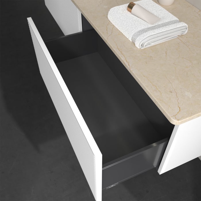 Villeroy & Boch Antao Waschbeckenunterschrank, 160 x 36 cm, 2 Auszüge mit LED-Licht, Front mit Struktur, ohne Hahnloch, für Waschtisch links