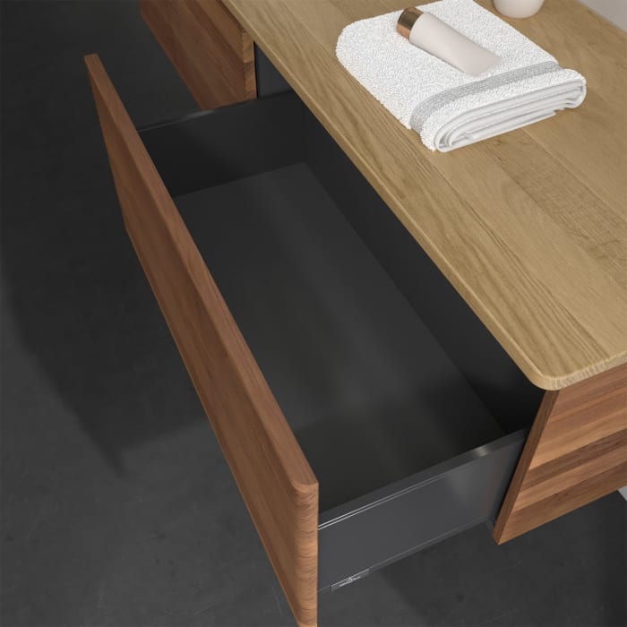 Villeroy & Boch Antao Waschbeckenunterschrank, 160 x 36 cm, 2 Auszüge mit LED-Licht, Front mit Struktur, mit Hahnloch, für Waschtisch links