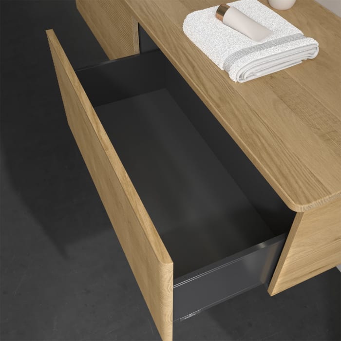 Villeroy & Boch Antao Waschbeckenunterschrank, 160 x 36 cm, 2 Auszüge mit LED-Licht, Front mit Struktur, mit Hahnloch, für Waschtisch links