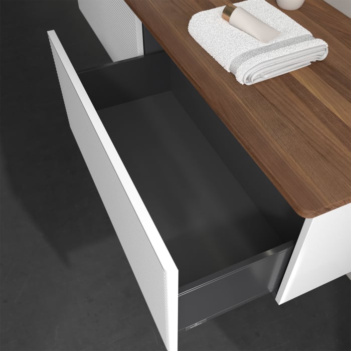 Villeroy & Boch Antao Waschbeckenunterschrank, 160 x 36 cm, 2 Auszüge mit LED-Licht, Front mit Struktur, mit Hahnloch, für Waschtisch links