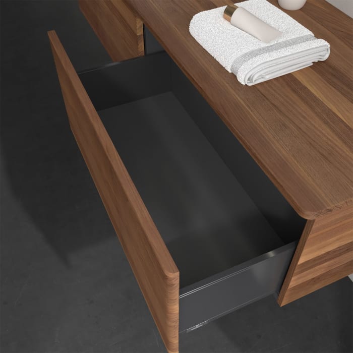 Villeroy & Boch Antao Waschbeckenunterschrank, 160 x 36 cm, 2 Auszüge mit LED-Licht, Front mit Struktur, mit Hahnloch, für Waschtisch links