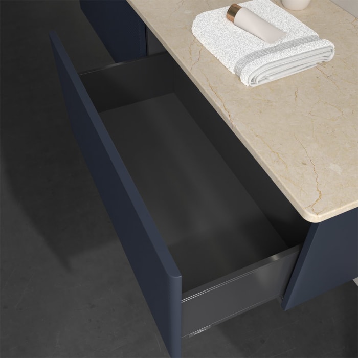 Villeroy & Boch Antao Waschbeckenunterschrank, 160 x 36 cm, 2 Auszüge mit LED-Licht, Front mit Struktur, mit Hahnloch, für Waschtisch links