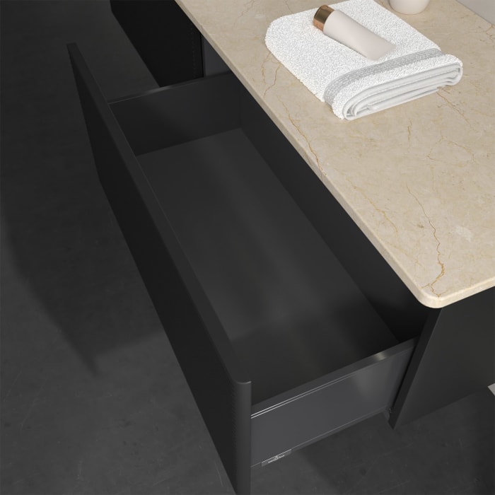 Villeroy & Boch Antao Waschbeckenunterschrank, 160 x 36 cm, 2 Auszüge mit LED-Licht, Front mit Struktur, mit Hahnloch, für Waschtisch links