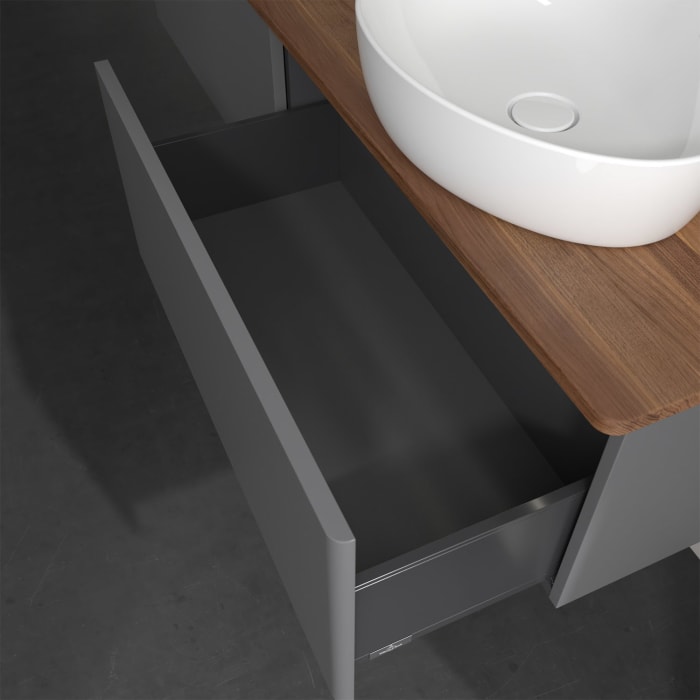 Villeroy & Boch Antao Waschbeckenunterschrank, 160 x 36 cm, 2 Auszüge mit LED-Licht, Front ohne Struktur, ohne Hahnloch, für Waschtisch rechts