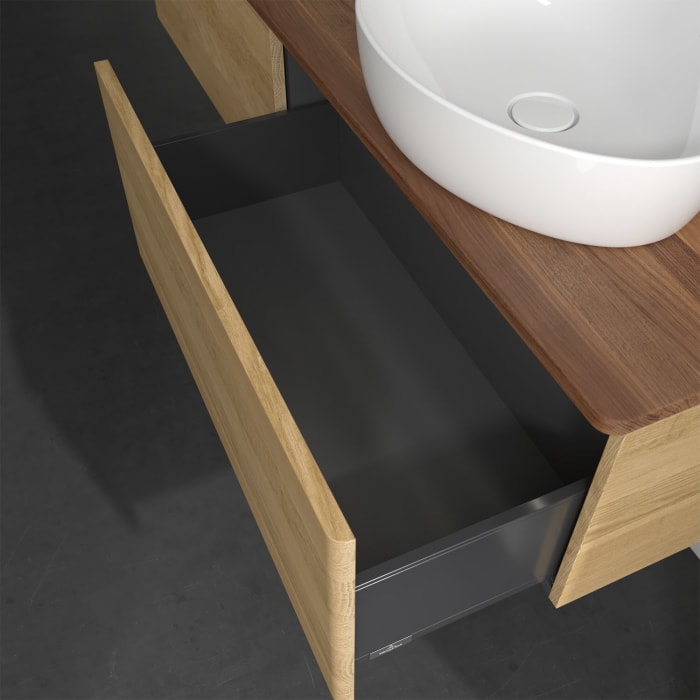 Villeroy & Boch Antao Waschbeckenunterschrank, 160 x 36 cm, 2 Auszüge mit LED-Licht, Front ohne Struktur, ohne Hahnloch, für Waschtisch rechts