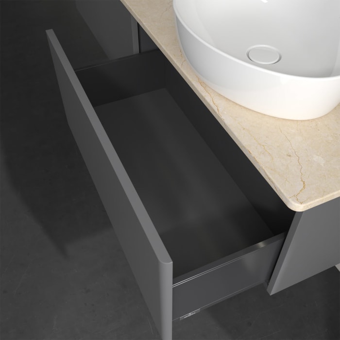 Villeroy & Boch Antao Waschbeckenunterschrank, 160 x 36 cm, 2 Auszüge mit LED-Licht, Front ohne Struktur, ohne Hahnloch, für Waschtisch rechts