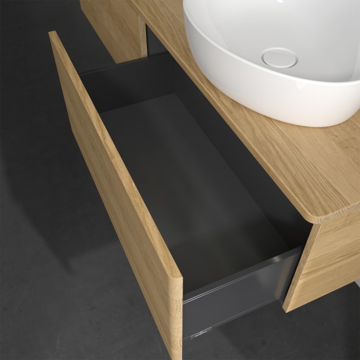 Villeroy & Boch Antao Waschbeckenunterschrank, 160 x 36 cm, 2 Auszüge mit LED-Licht, Front ohne Struktur, mit Hahnloch, für Waschtisch rechts