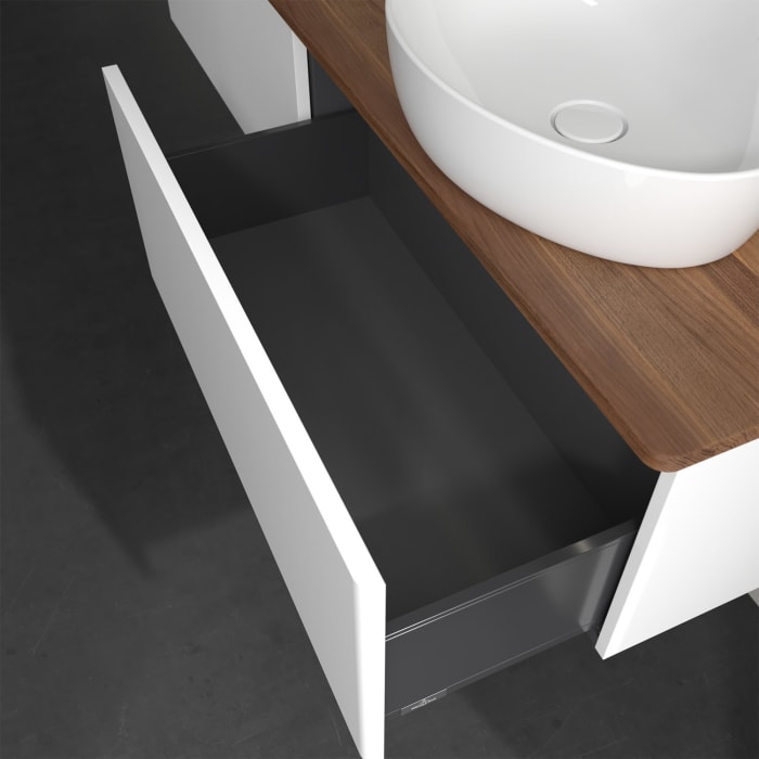 Villeroy & Boch Antao Waschbeckenunterschrank, 160 x 36 cm, 2 Auszüge mit LED-Licht, Front ohne Struktur, mit Hahnloch, für Waschtisch rechts