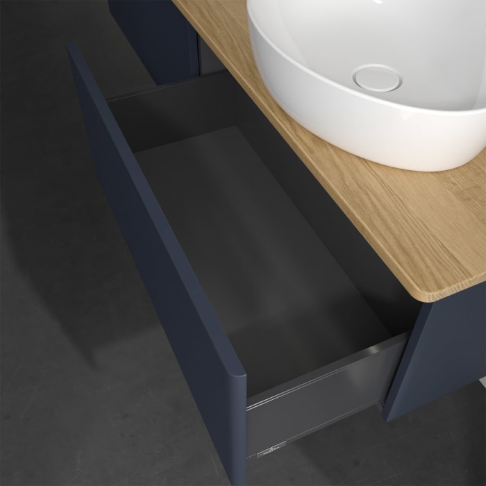 Villeroy & Boch Antao Waschbeckenunterschrank, 160 x 36 cm, 2 Auszüge mit LED-Licht, Front mit Struktur, ohne Hahnloch, für Waschtisch rechts