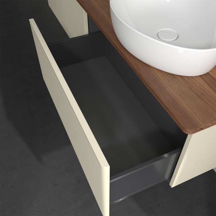 Villeroy & Boch Antao Waschbeckenunterschrank, 160 x 36 cm, 2 Auszüge mit LED-Licht, Front mit Struktur, ohne Hahnloch, für Waschtisch rechts