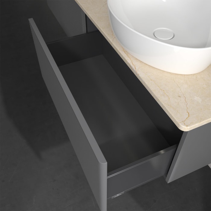 Villeroy & Boch Antao Waschbeckenunterschrank, 160 x 36 cm, 2 Auszüge mit LED-Licht, Front mit Struktur, ohne Hahnloch, für Waschtisch rechts