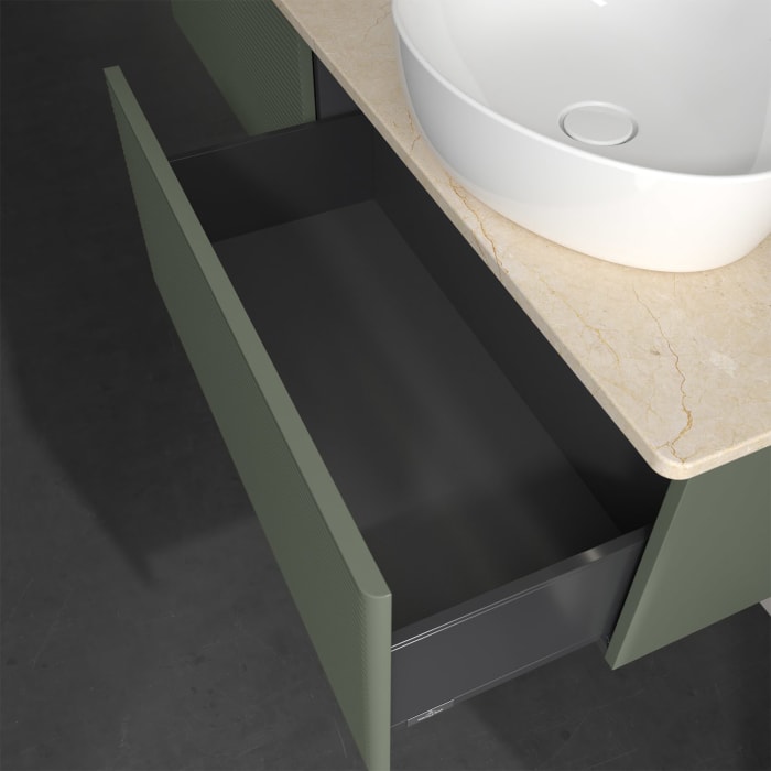 Villeroy & Boch Antao Waschbeckenunterschrank, 160 x 36 cm, 2 Auszüge mit LED-Licht, Front mit Struktur, ohne Hahnloch, für Waschtisch rechts