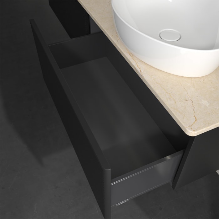 Villeroy & Boch Antao Waschbeckenunterschrank, 160 x 36 cm, 2 Auszüge mit LED-Licht, Front mit Struktur, ohne Hahnloch, für Waschtisch rechts