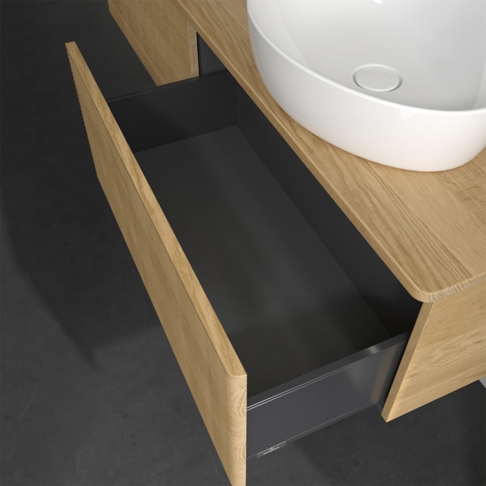 Villeroy & Boch Antao Waschbeckenunterschrank, 160 x 36 cm, 2 Auszüge mit LED-Licht, Front mit Struktur, mit Hahnloch, für Waschtisch rechts