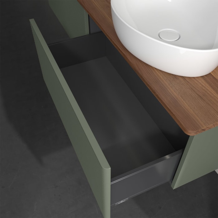 Villeroy & Boch Antao Waschbeckenunterschrank, 160 x 36 cm, 2 Auszüge mit LED-Licht, Front mit Struktur, mit Hahnloch, für Waschtisch rechts