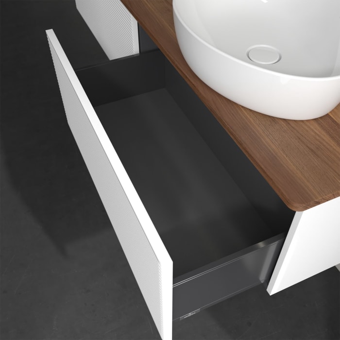 Villeroy & Boch Antao Waschbeckenunterschrank, 160 x 36 cm, 2 Auszüge mit LED-Licht, Front mit Struktur, mit Hahnloch, für Waschtisch rechts