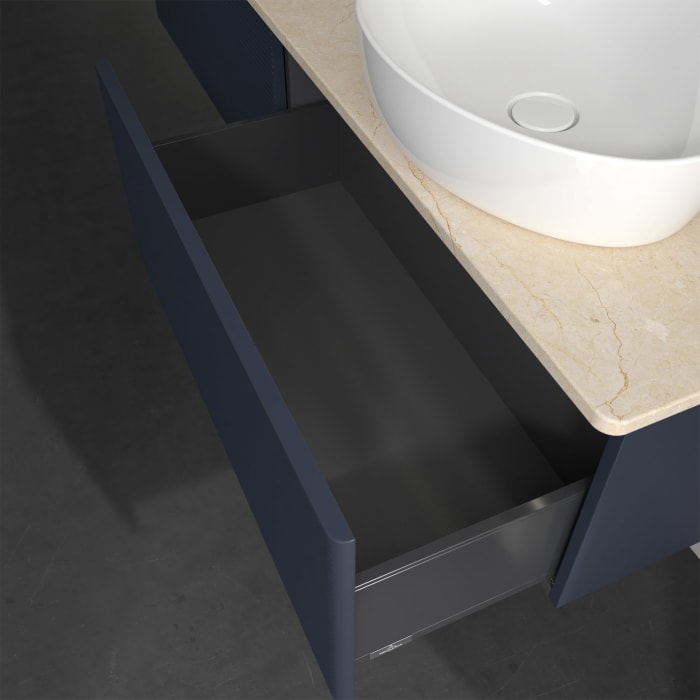 Villeroy & Boch Antao Waschbeckenunterschrank, 160 x 36 cm, 2 Auszüge mit LED-Licht, Front mit Struktur, mit Hahnloch, für Waschtisch rechts