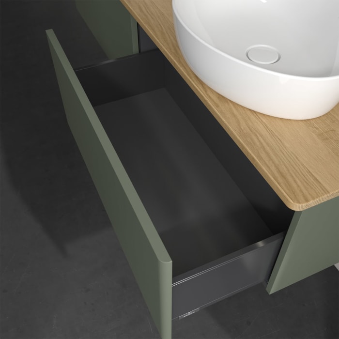 Villeroy & Boch Antao Waschbeckenunterschrank, 160 x 36 cm, 2 Auszüge mit LED-Licht, Front ohne Struktur, mit Hahnloch, für Waschtisch links und recht