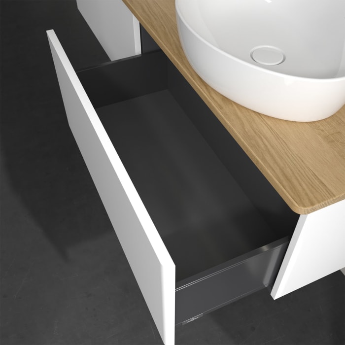 Villeroy & Boch Antao Waschbeckenunterschrank, 160 x 36 cm, 2 Auszüge mit LED-Licht, Front ohne Struktur, mit Hahnloch, für Waschtisch links und recht