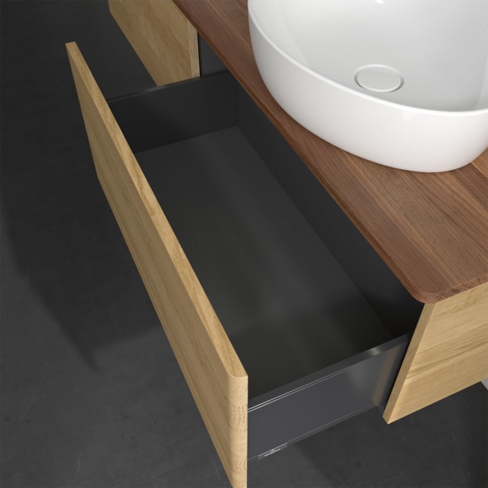 Villeroy & Boch Antao Waschbeckenunterschrank, 160 x 36 cm, 2 Auszüge mit LED-Licht, Front ohne Struktur, mit Hahnloch, für Waschtisch links und recht