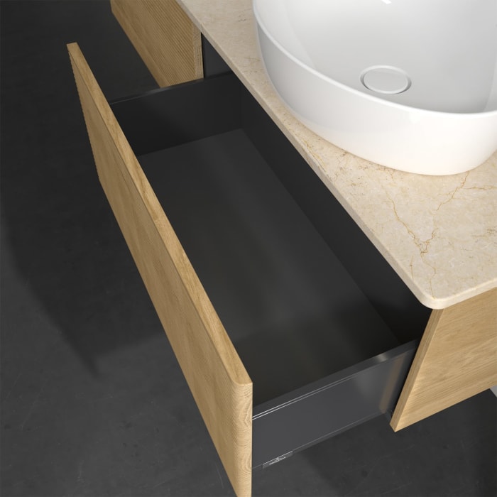 Villeroy & Boch Antao Waschbeckenunterschrank, 160 x 36 cm, 2 Auszüge mit LED-Licht, Front mit Struktur, ohne Hahnloch, für Waschtisch links und recht