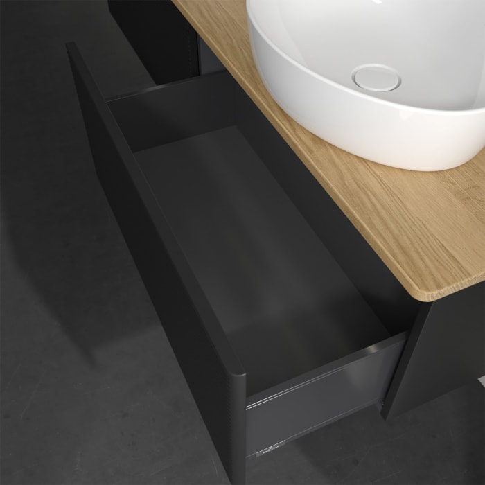 Villeroy & Boch Antao Waschbeckenunterschrank, 160 x 36 cm, 2 Auszüge mit LED-Licht, Front mit Struktur, mit Hahnloch, für Waschtisch links und rechts