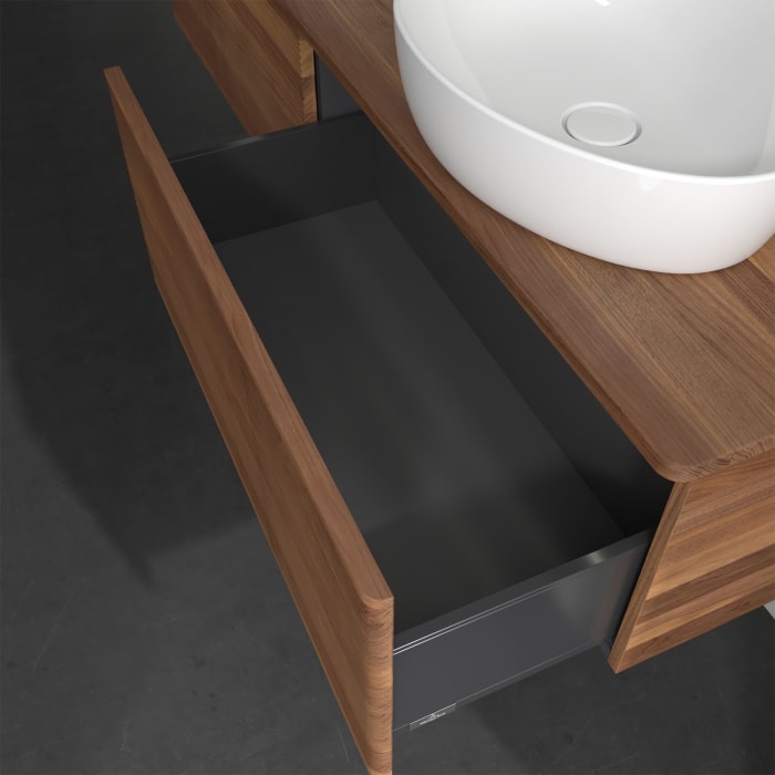 Villeroy & Boch Antao Waschbeckenunterschrank, 160 x 36 cm, 2 Auszüge mit LED-Licht, Front mit Struktur, mit Hahnloch, für Waschtisch links und rechts